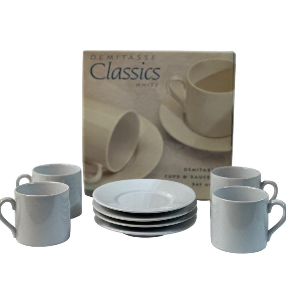 VTG Signature Housewares‎ Demitasse Cup & Saucer Set-4 White 2.5-5 Classic Retro